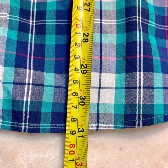 Chaps Button-Down Shirt Large Blue Teal Green White Plaid Easy Care Short Speve - Picture 9 of 9
